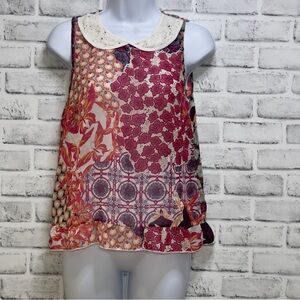 Lily White Sheer Sleeveless Mix Pattern Peter Pan Collar Ruffle Hem Blouse Small
